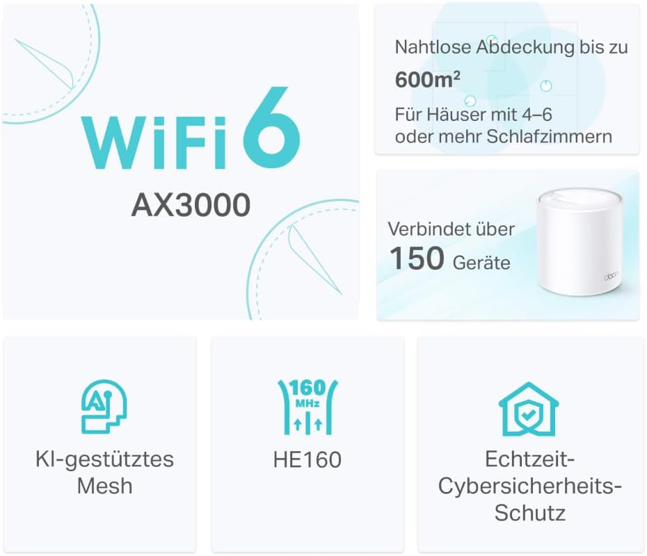 TP-Link Deco X50 AX3000 Mesh Wi-Fi Set, 3-Pack, Wi-Fi 6, Dual Band Router and Repeater, 3x Gigabit Ports for Each Unit, Recommended for Homes with 4–6 Bedrooms, Comprehensive Parental Protection, WPA3