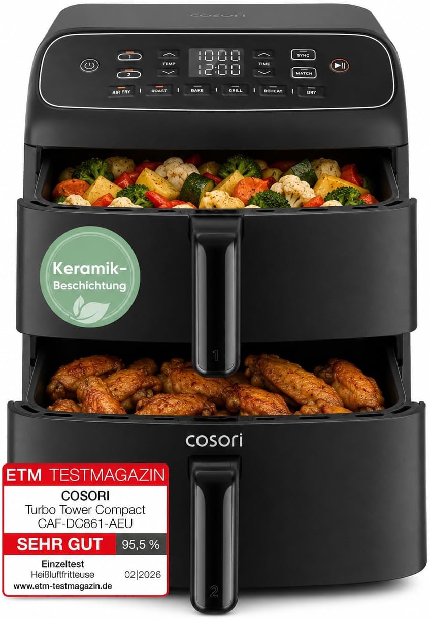 Cosori Airfryer New Generation 2026 Exclusive TurboBlaze Tech 8.6L | NTC-Tech, XL Heating Ring, PFAS Free Ceramic Coating, 39% Narrower, 3 Fan Levels, Turbo Tower Compact