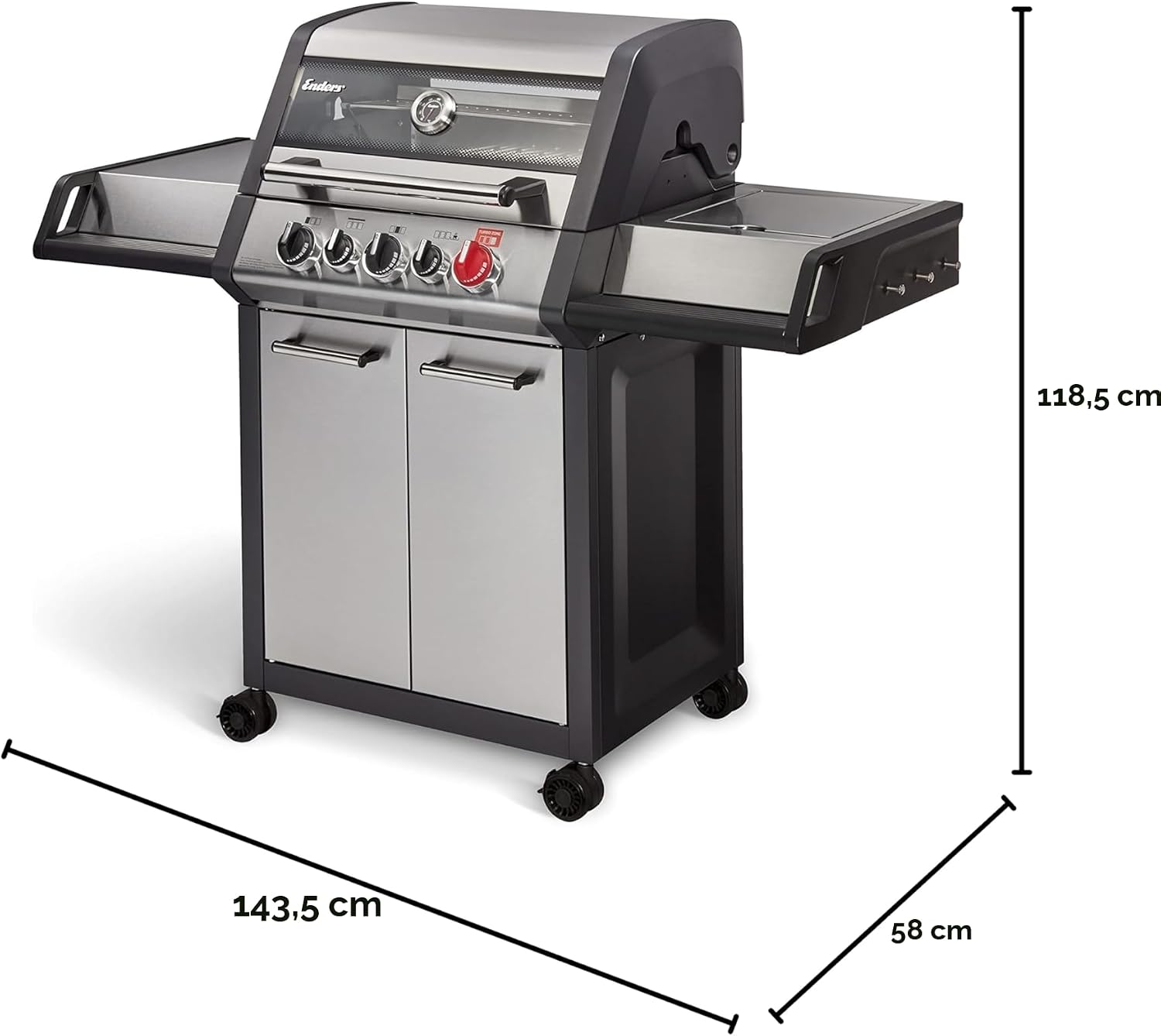 Enders® Gasgrill MONROE PRO 3 SIK TURBO, 3-Edelstahlbrenner, Seitenkocher, Infrarot-Backburner, PanoVision Sicht, HEAT RANGE-Brenner, SWITCH GRID, 800 °C TURBO ZONE, SIMPLE CLEAN #8376, Silber/Schwarz