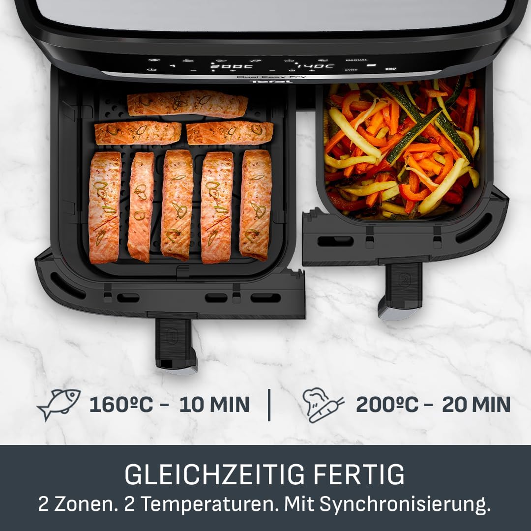 Tefal Dual Easy Fry Hot Air Fryer 8.3 L with 2 Chambers | XL drawer, 7 programs, 2700 W, extra crisp technology, low-fat frying and energy-saving, dishwasher safe, EY9018