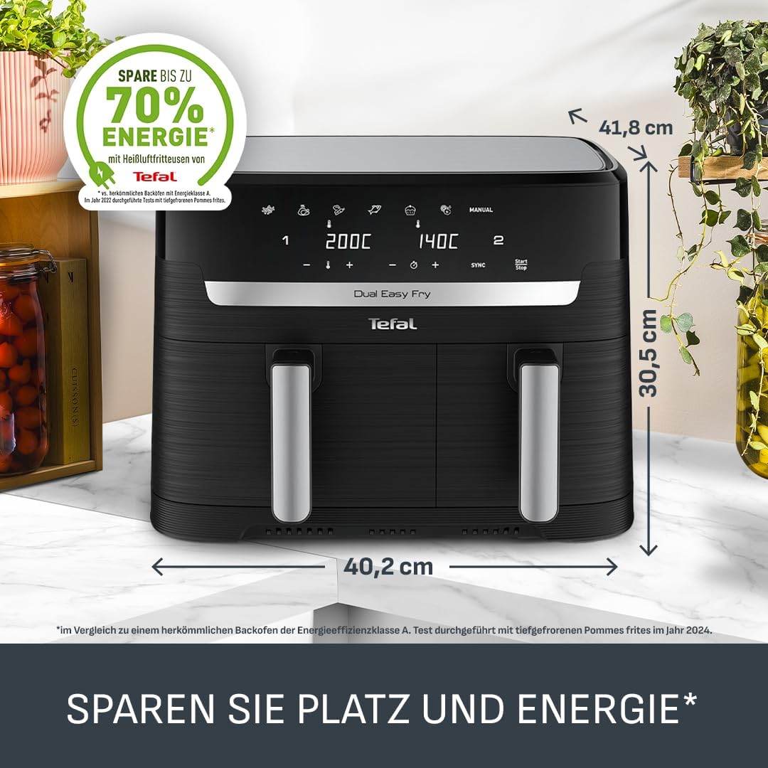 Tefal Dual Easy Fry Hot Air Fryer 8.3 L with 2 Chambers | XL drawer, 7 programs, 2700 W, extra crisp technology, low-fat frying and energy-saving, dishwasher safe, EY9018