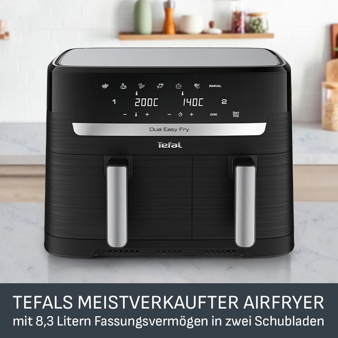 Tefal Dual Easy Fry Hot Air Fryer 8.3 L with 2 Chambers | XL drawer, 7 programs, 2700 W, extra crisp technology, low-fat frying and energy-saving, dishwasher safe, EY9018
