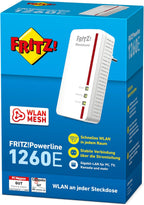 FRITZ!Powerline 1260 Single, WLAN Mesh, Wi-Fi 5 up to 1.2 Gbps | Single adapter for powerline expansion, dual-band WLAN (2.4/5 GHz), Gigabit powerline up to 1.2 Gbps, developed in Europe