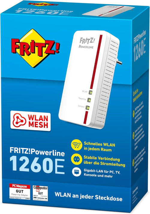 FRITZ!Powerline 1260 Single, WLAN Mesh, Wi-Fi 5 up to 1.2 Gbps | Single adapter for powerline expansion, dual-band WLAN (2.4/5 GHz), Gigabit powerline up to 1.2 Gbps, developed in Europe