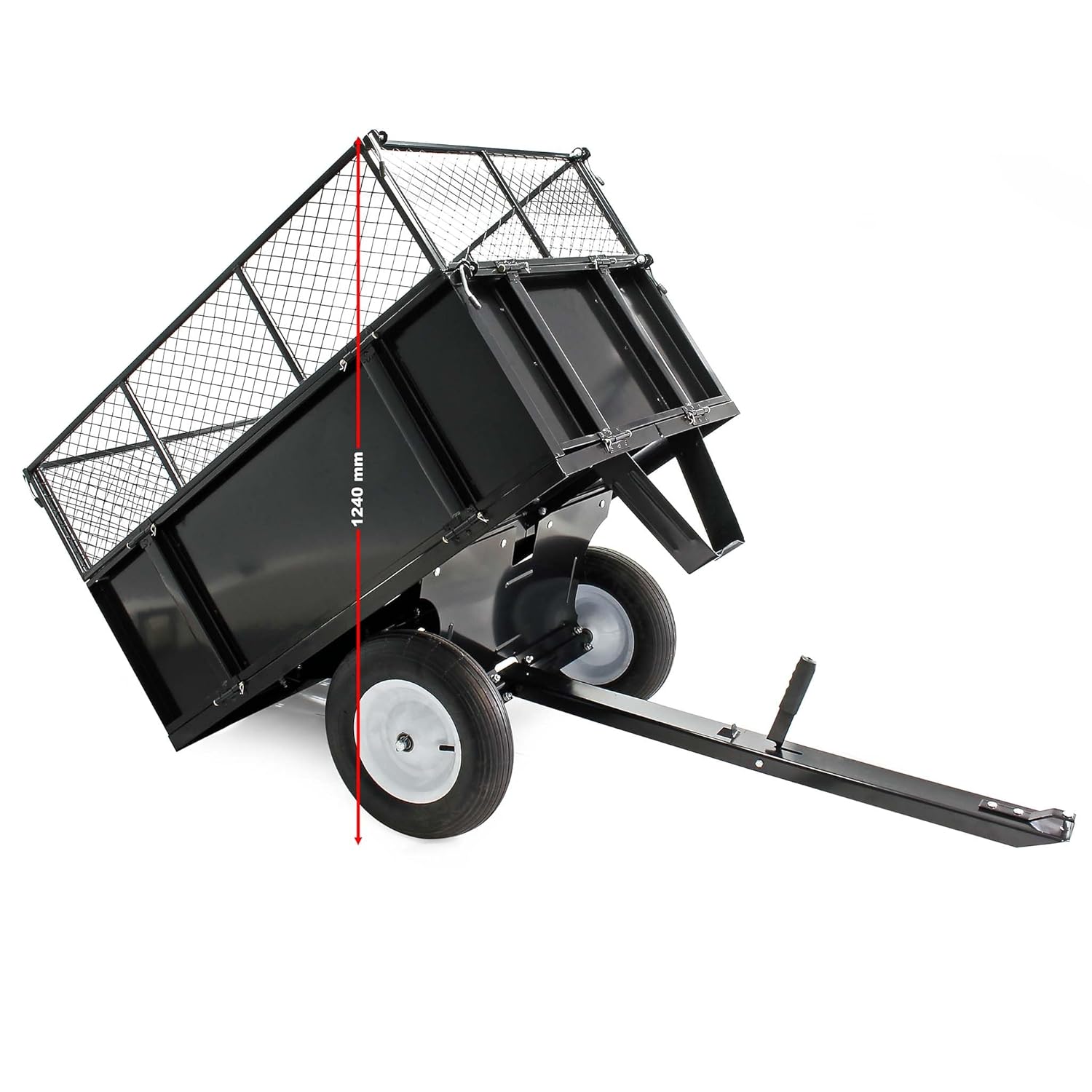 Wiltec Tipping trailer 166.5 x 77.5 x 106 cm, 300 kg, trailer tipper for lawn tractor with grille and removable side walls, trailer with tilt function