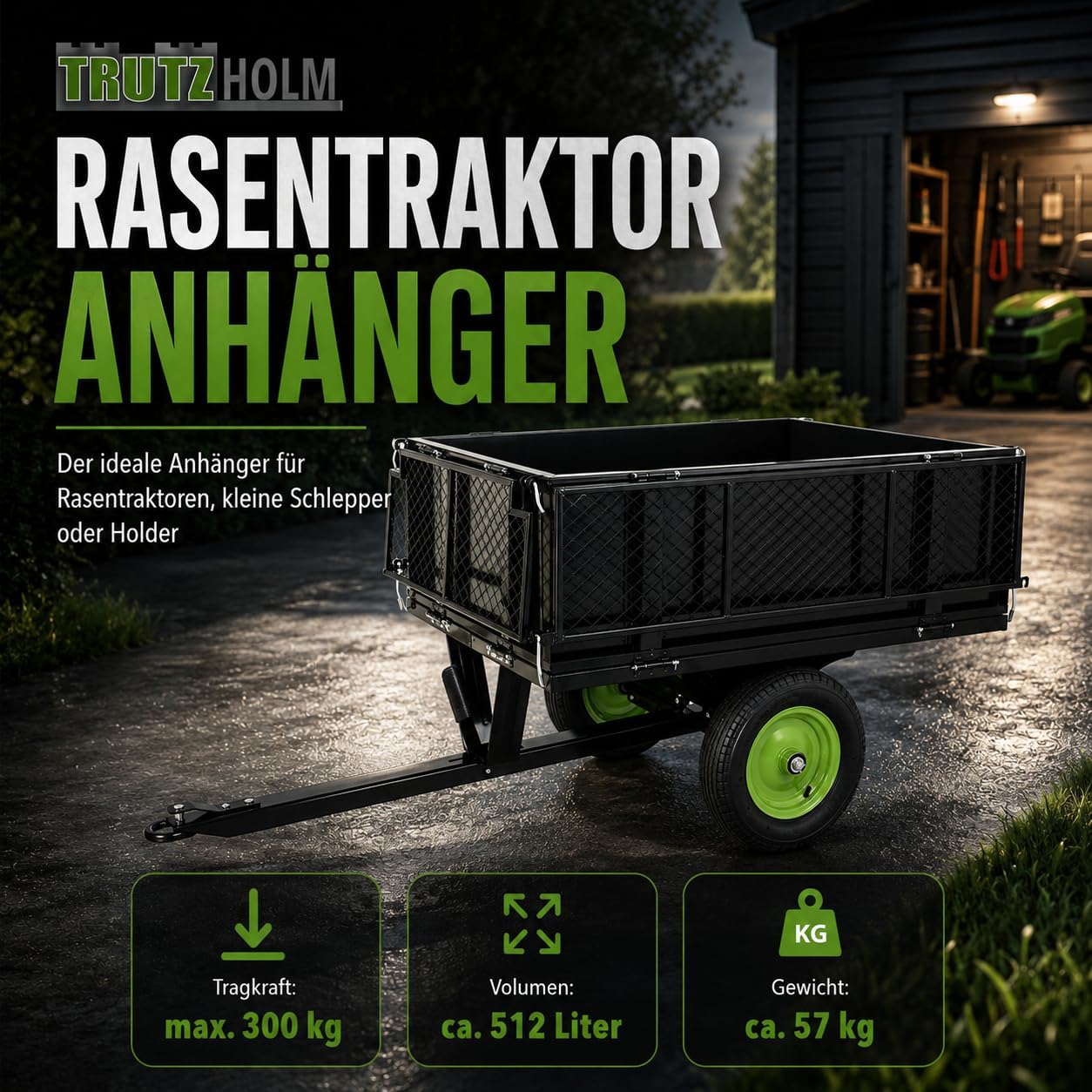 TRUTZHOLM Trailer Lawn Tractor 300 kg Tiltable Ride-on Mower Trailer Tractor Tipping Trailer ATV Quad with Clutch for Transporting Soil, Fertiliser and Leaves