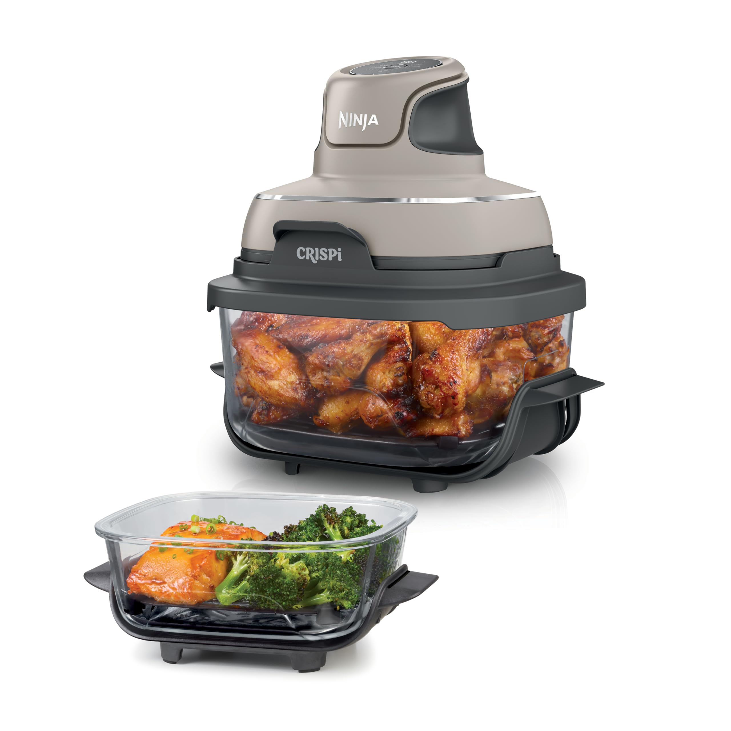 Ninja CRISPi Portable Air Fryer Hot Air Fryer, 3.8 L, Grey FN101EUGY | 4-in-1: Hot Air Frying, Roasting, Keeping Warm, Recrisp, Compact, 6 Servings, 2x Removable Glass Containers & Lid, 1700W