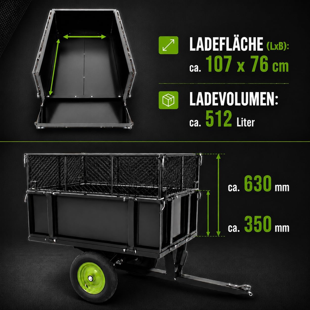 TRUTZHOLM Trailer Lawn Tractor 300 kg Tiltable Ride-on Mower Trailer Tractor Tipping Trailer ATV Quad with Clutch for Transporting Soil, Fertiliser and Leaves