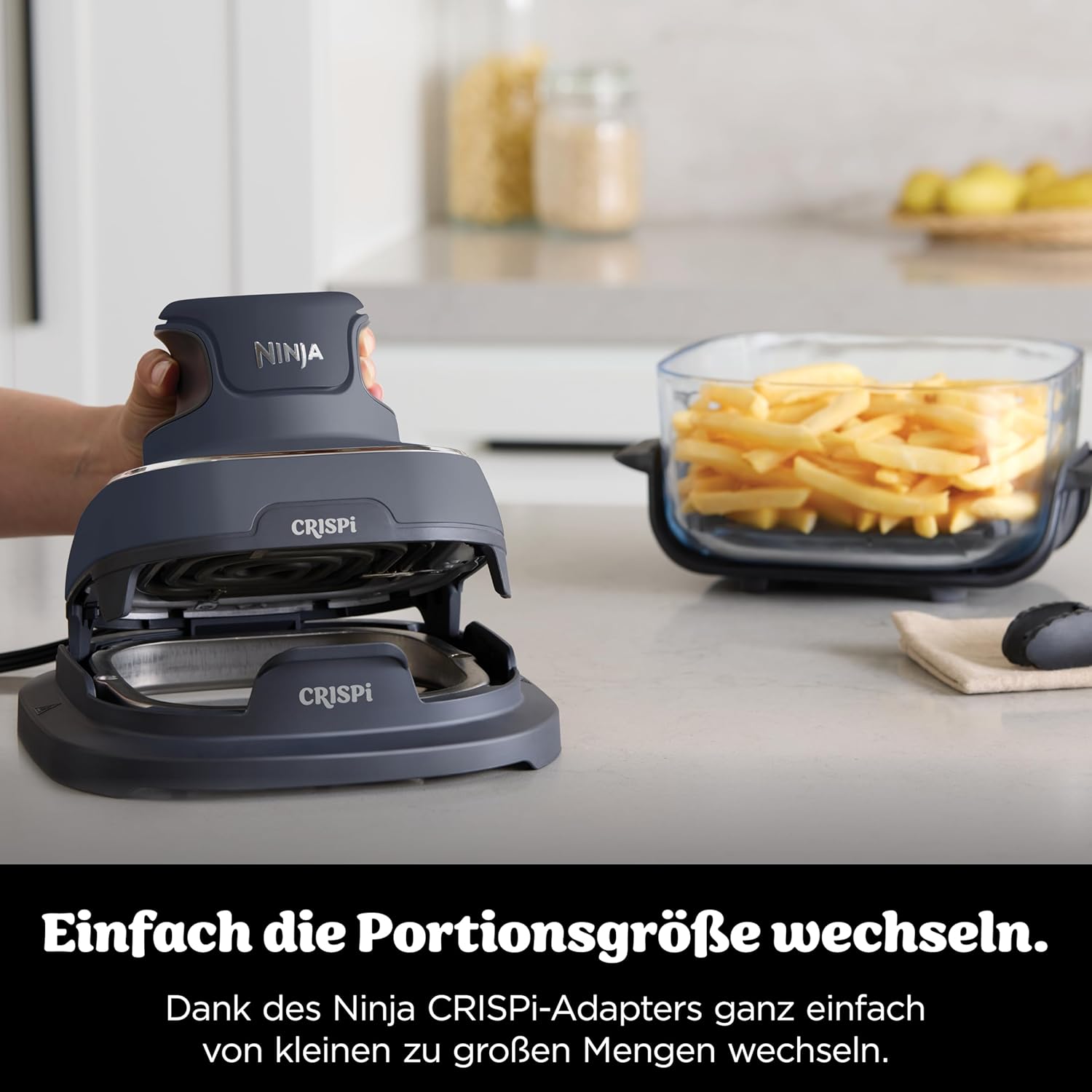 Ninja CRISPi Portable Air Fryer Hot Air Fryer, 3.8 L, Grey FN101EUGY | 4-in-1: Hot Air Frying, Roasting, Keeping Warm, Recrisp, Compact, 6 Servings, 2x Removable Glass Containers & Lid, 1700W