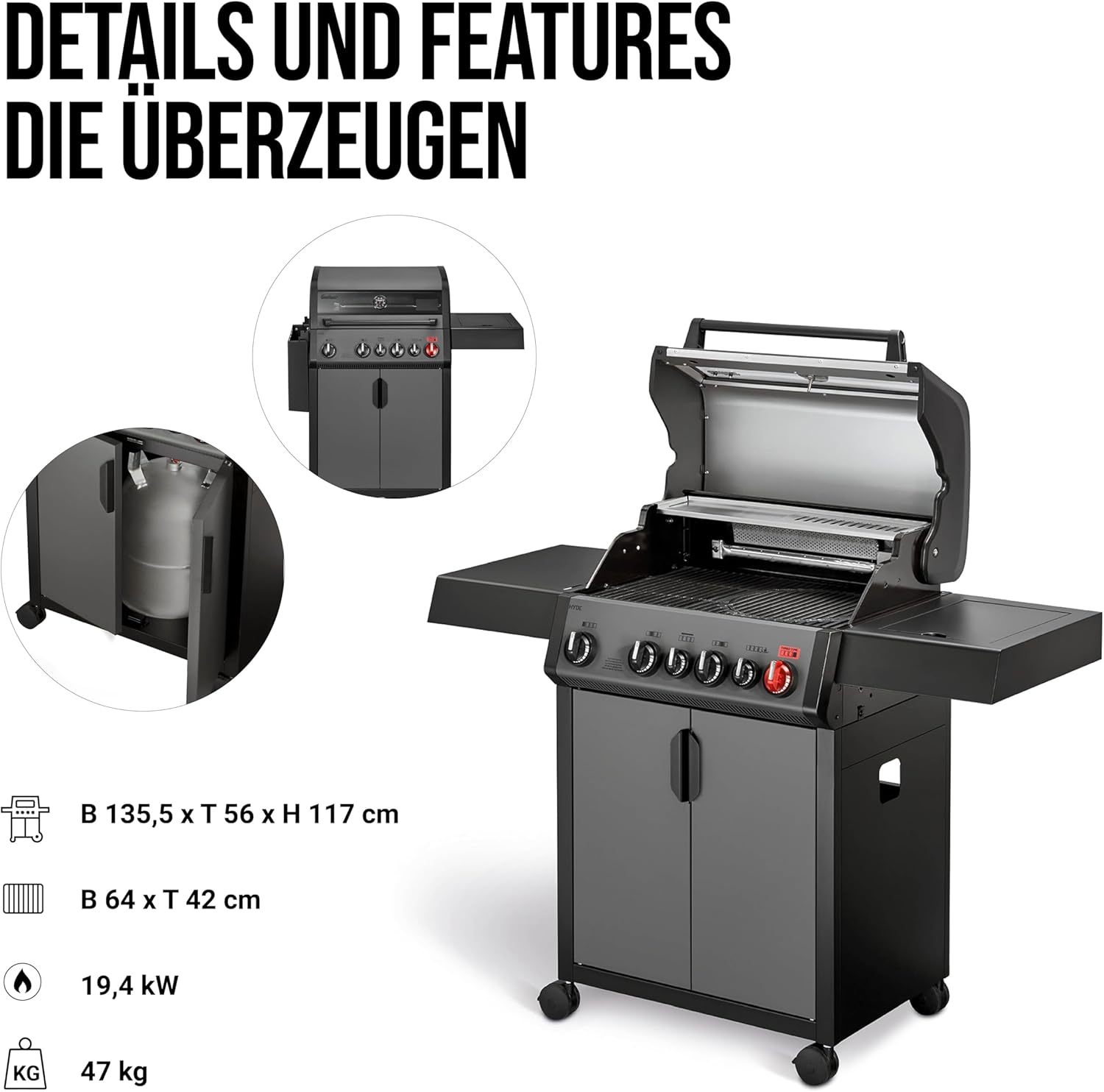 Enders® Hyde 4 SIKR Turbo Gas Grill, 4 Burners Made of Stainless Steel for Powerful Direct and Indirect Grilling, 800 °C Turbo Zone™, Switch Grid™, Infarot Back Burner and Side Cooker, #8041