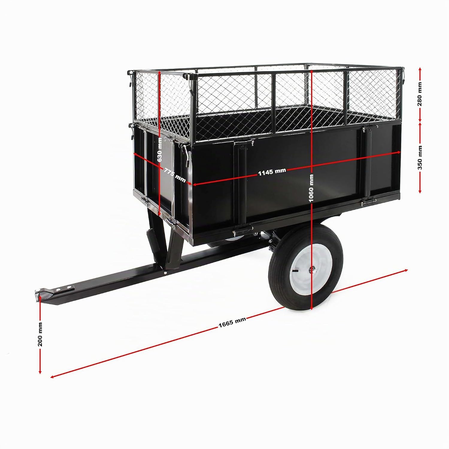Wiltec Tipping trailer 166.5 x 77.5 x 106 cm, 300 kg, trailer tipper for lawn tractor with grille and removable side walls, trailer with tilt function