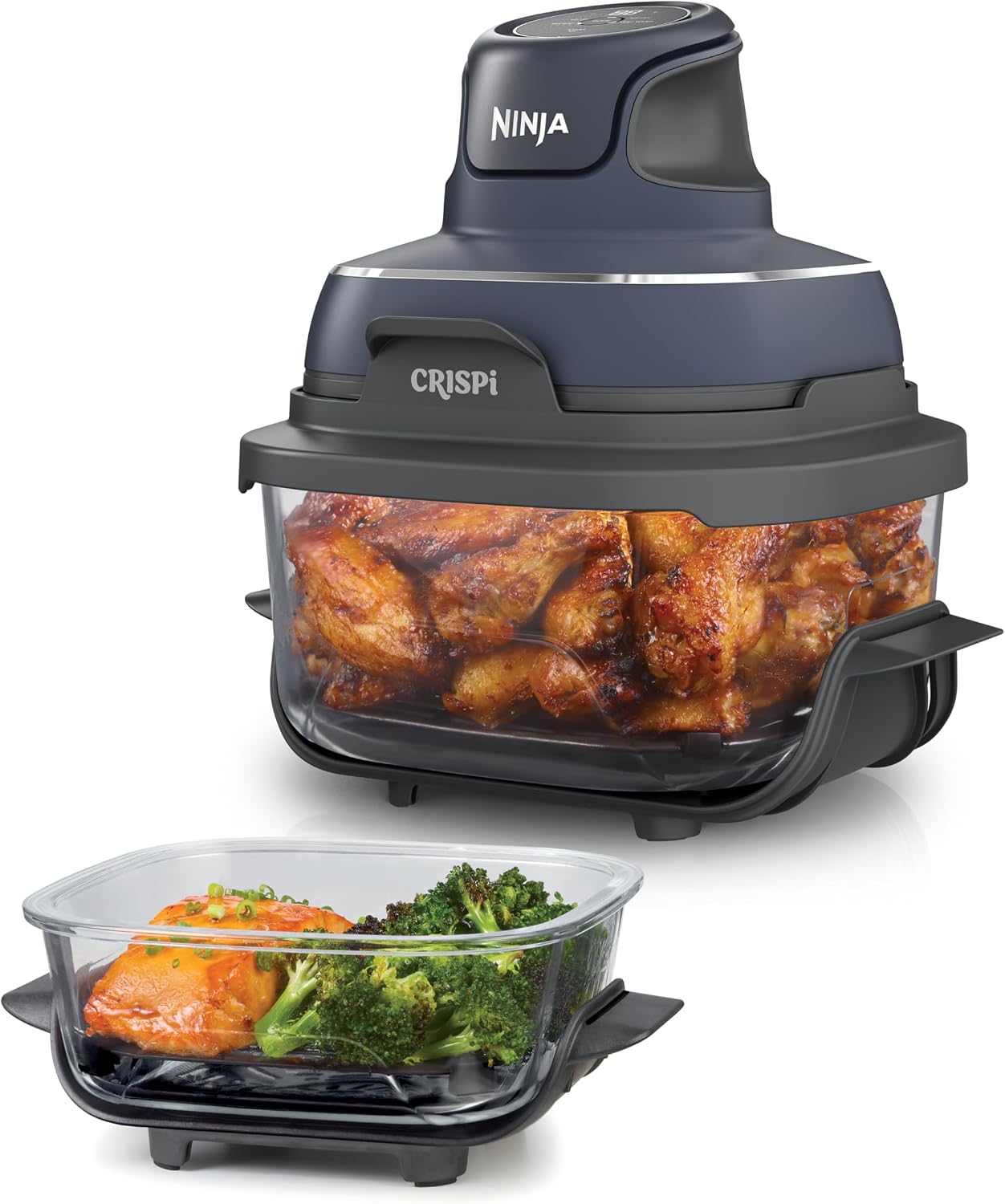 Ninja CRISPi Portable Air Fryer Hot Air Fryer, 3.8 L, Grey FN101EUGY | 4-in-1: Hot Air Frying, Roasting, Keeping Warm, Recrisp, Compact, 6 Servings, 2x Removable Glass Containers & Lid, 1700W