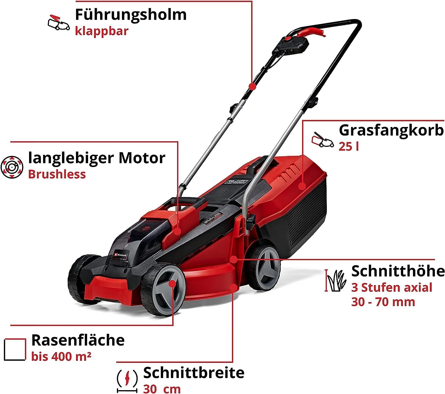 Einhell City Cordless Lawnmower GE-cm 18/30 Li Kit | PXC | 18 V | 30 cm cutting width | up to 150 m² | brushless | 25 L collection basket | 3.0 Ah battery & charger