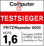 FRITZ!Repeater 6000 | WLAN Mesh Extension | Wi-Fi 6 up to 6 Gbps | Triband WLAN (2.4/5/5 GHz), top speed for streaming & gaming, 2.5 Gigabit LAN, easy setup, made in Europe