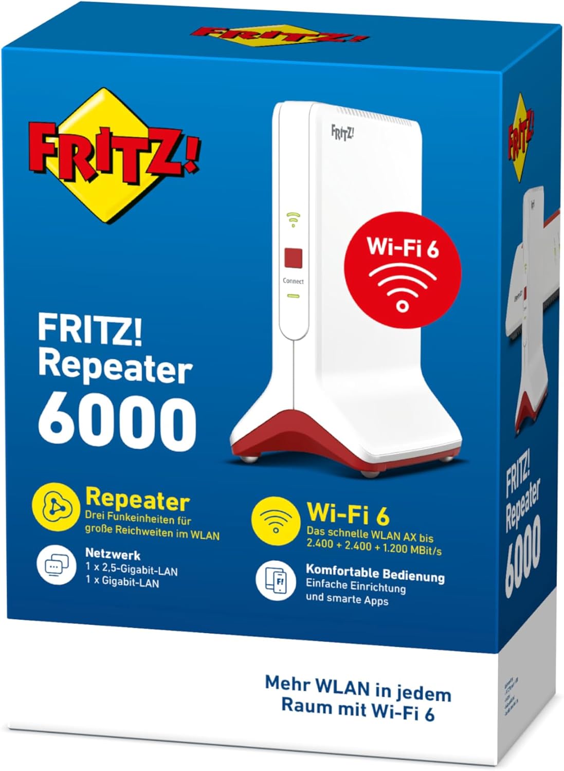 FRITZ!Repeater 6000 | WLAN Mesh Extension | Wi-Fi 6 up to 6 Gbps | Triband WLAN (2.4/5/5 GHz), top speed for streaming & gaming, 2.5 Gigabit LAN, easy setup, made in Europe