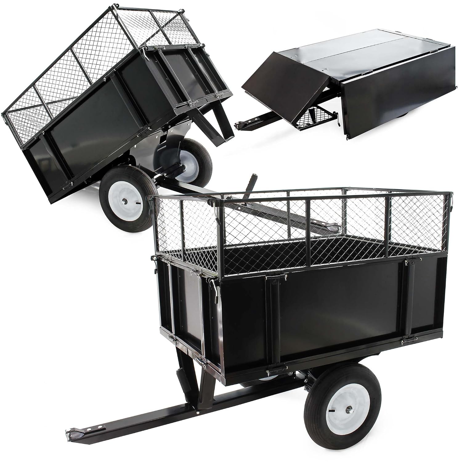 Wiltec Tipping trailer 166.5 x 77.5 x 106 cm, 300 kg, trailer tipper for lawn tractor with grille and removable side walls, trailer with tilt function
