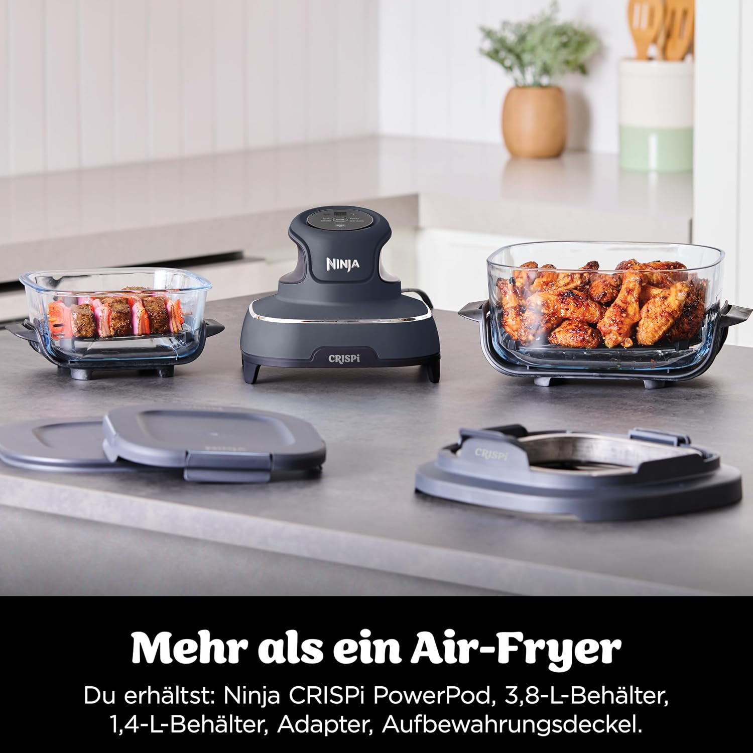Ninja CRISPi Portable Air Fryer Hot Air Fryer, 3.8 L, Grey FN101EUGY | 4-in-1: Hot Air Frying, Roasting, Keeping Warm, Recrisp, Compact, 6 Servings, 2x Removable Glass Containers & Lid, 1700W