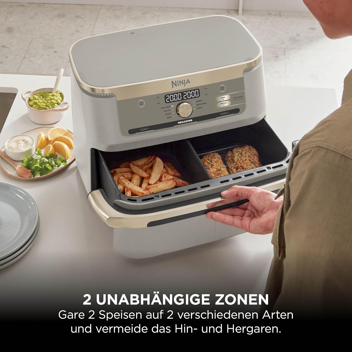 Ninja Foodi FlexDrawer Hot Air Fryer, Dual Zone, Converts to MegaZone 10.4L, Dual Zone, with Little to No Oil, Non-Stick Dishwasher Safe Parts, Stone Gold AF500EUSD