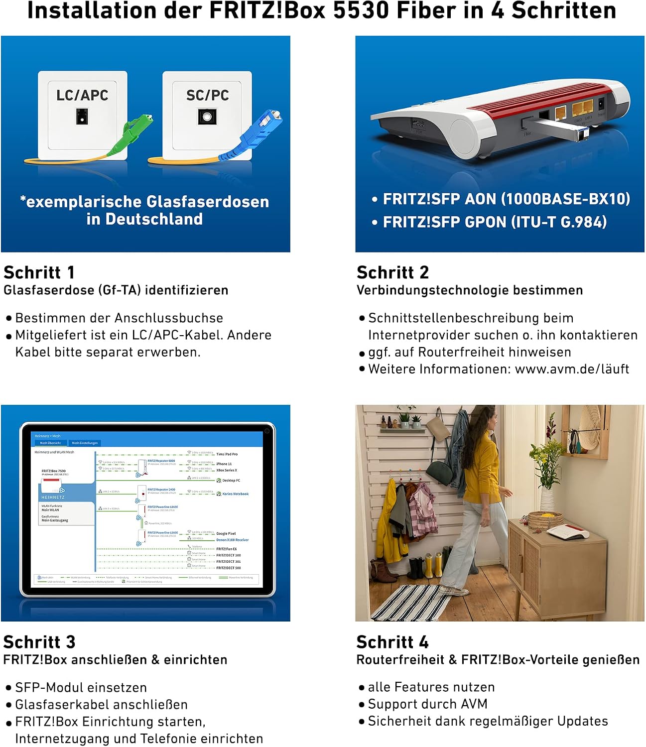 FRITZ!Box 5530 Fibre | Fibre Optic Router | Wi-Fi 6 up to 3 Gbps | For AON & GPON fibre optic connection, dual band WLAN (2.4/5 GHz), high data security, WLAN mesh, made in Europe