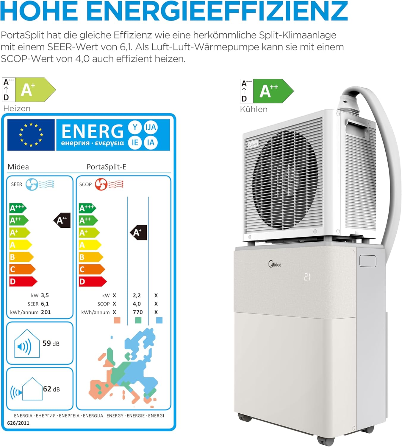 Midea PortaSplit-E Mobile Klimaanlage,Kühlen A++/Heizen A+, 12000 BTU 3,5kW,Mini-Split-Klimaanlage, Farbe Pfirsich,für Räume bis zu 42 m² / 105 m³, nur 39 dB(A) im Silent-Modus [Energieklasse A++]