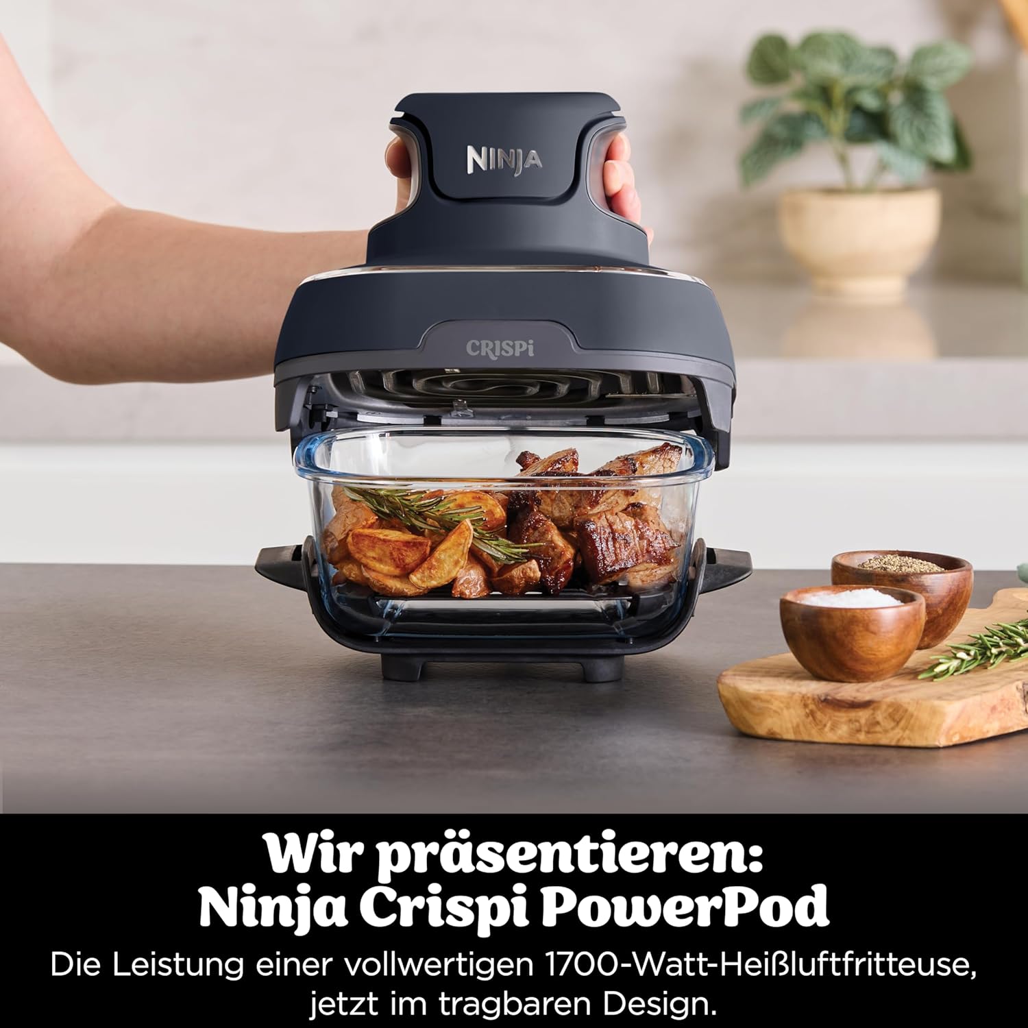 Ninja CRISPi Portable Air Fryer Hot Air Fryer, 3.8 L, Grey FN101EUGY | 4-in-1: Hot Air Frying, Roasting, Keeping Warm, Recrisp, Compact, 6 Servings, 2x Removable Glass Containers & Lid, 1700W