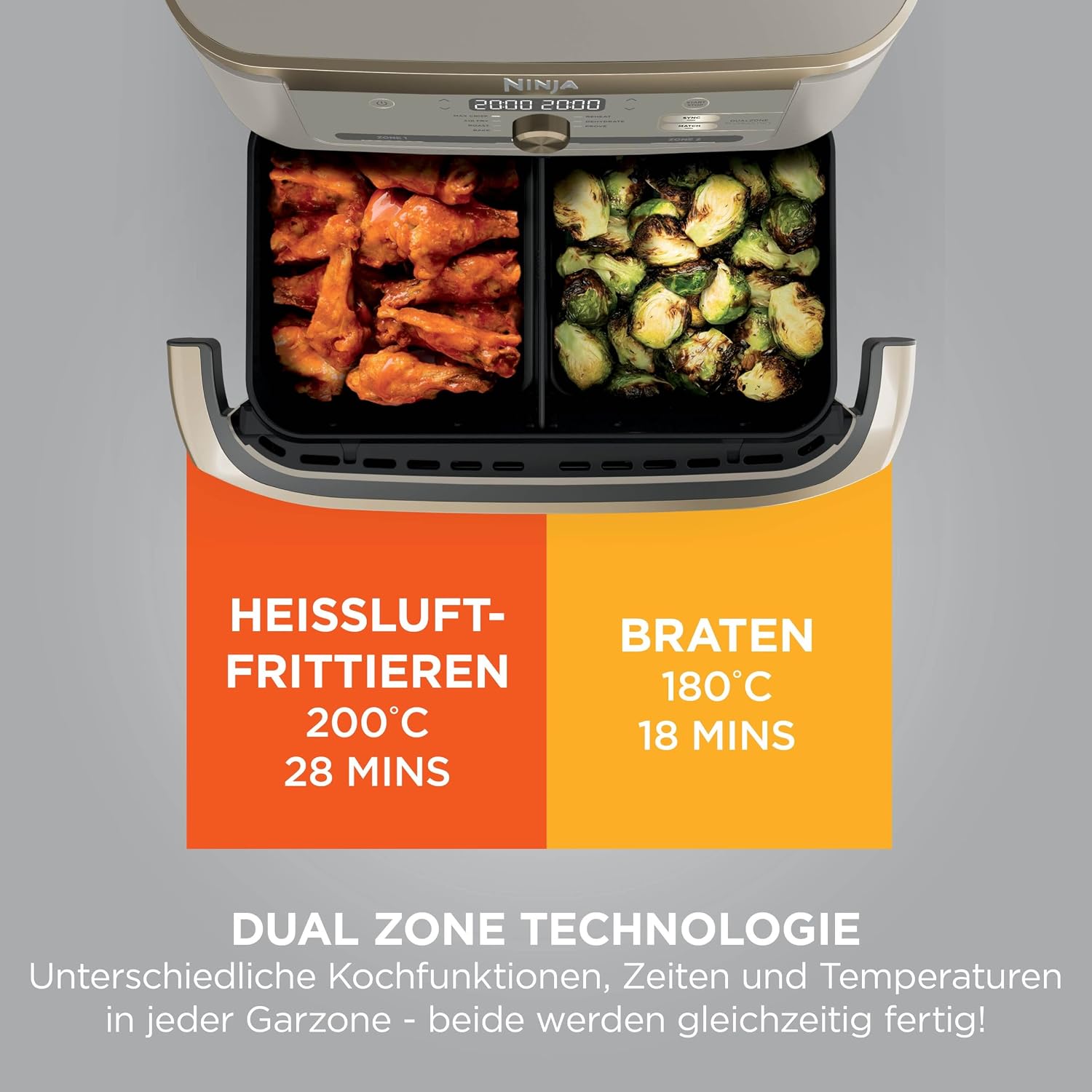 Ninja Foodi FlexDrawer Hot Air Fryer, Dual Zone, Converts to MegaZone 10.4L, Dual Zone, with Little to No Oil, Non-Stick Dishwasher Safe Parts, Stone Gold AF500EUSD