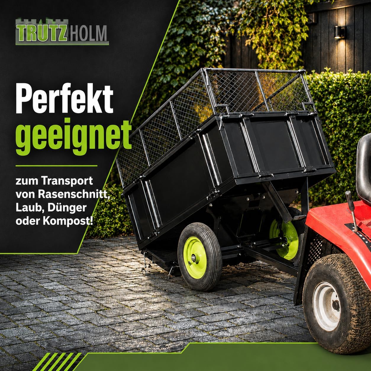 TRUTZHOLM Trailer Lawn Tractor 300 kg Tiltable Ride-on Mower Trailer Tractor Tipping Trailer ATV Quad with Clutch for Transporting Soil, Fertiliser and Leaves