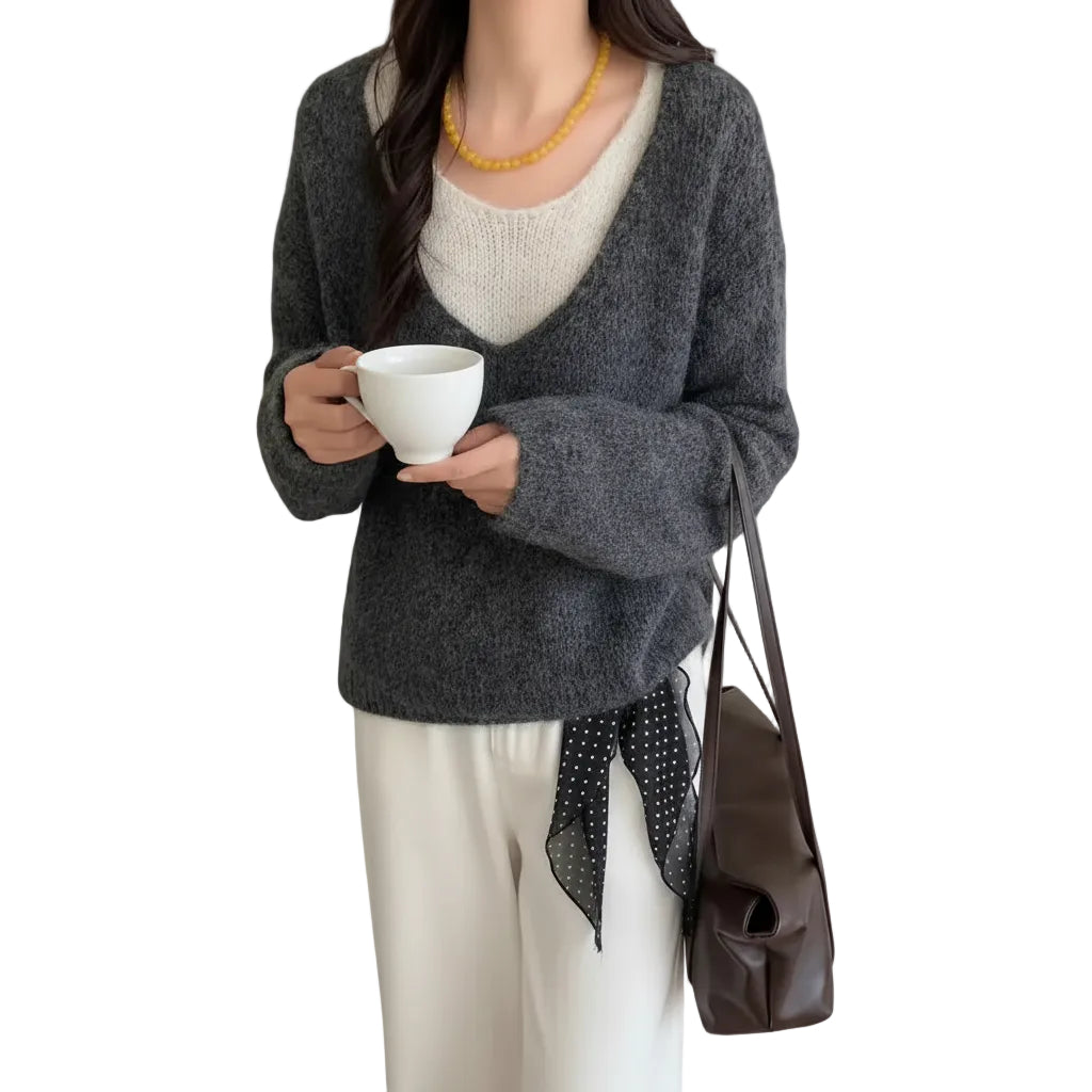 Damen Sweater im zweilagigen Look in Dunkelgrau Vorderansicht