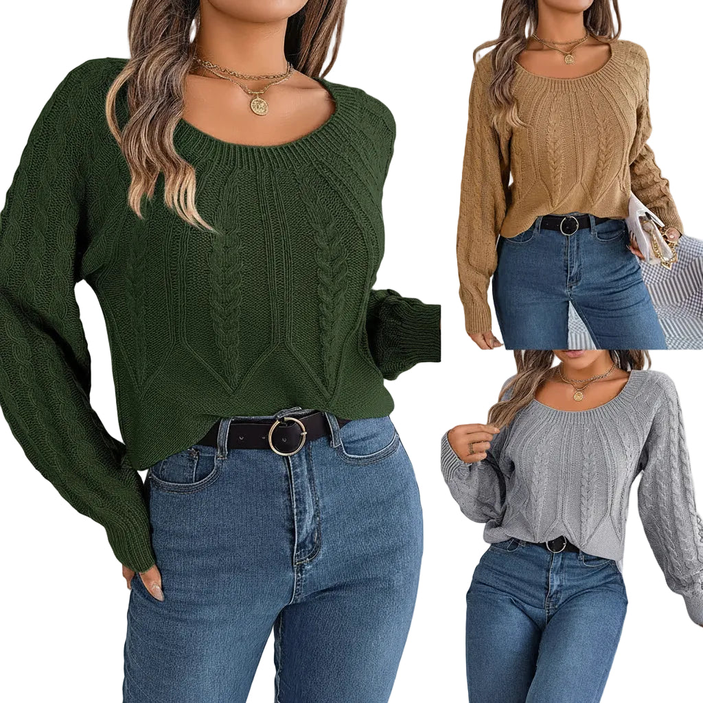 Damen Sweater mit geometrischem Muster in Khaki Vorderansicht