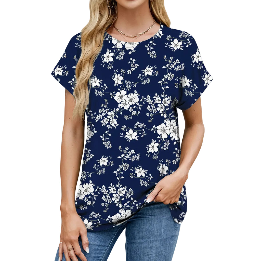 Damen T-Shirt mit Printmuster Vorderansicht in Blattförmige Blume