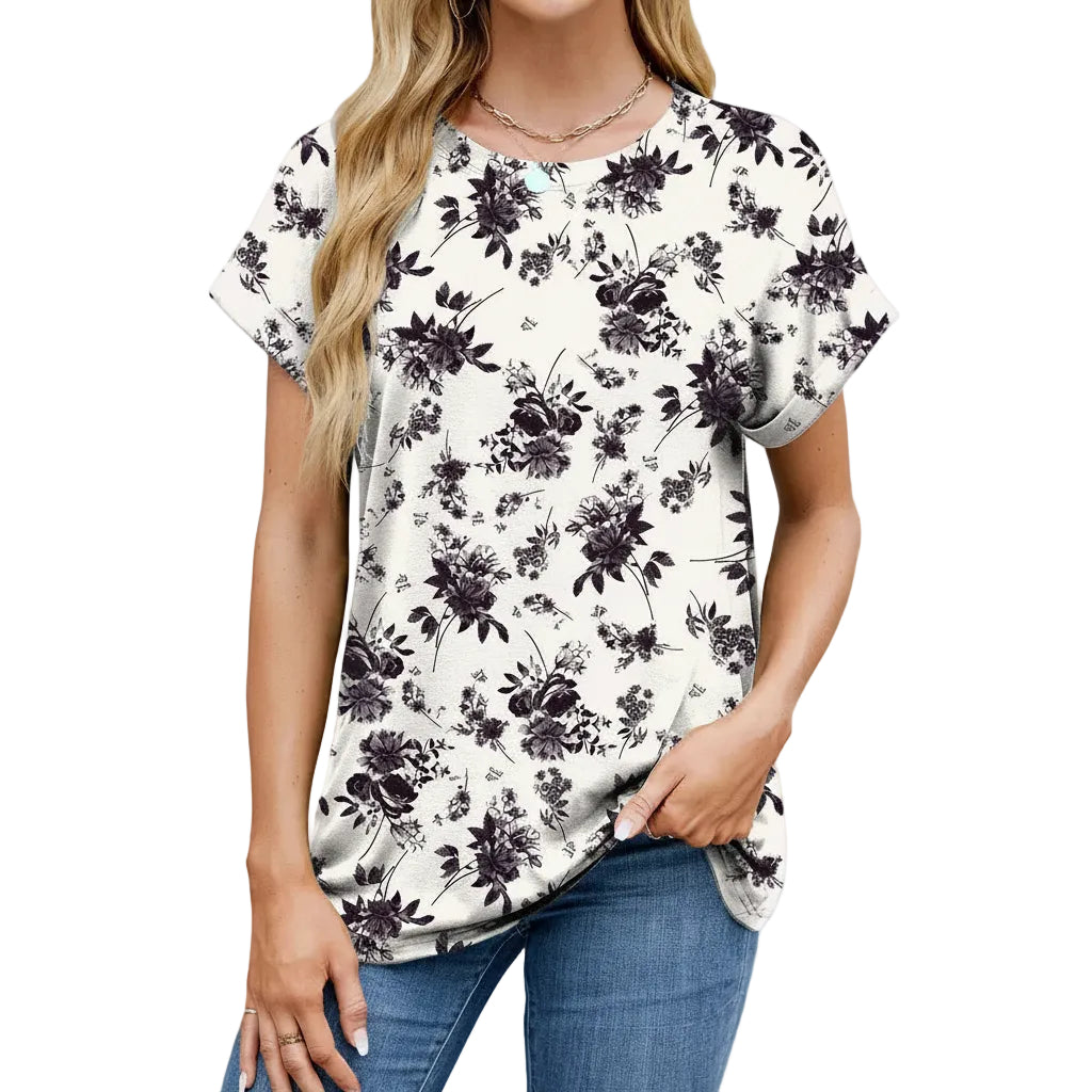 Damen T-Shirt mit Printmuster Vorderansicht in Schwarze Blume