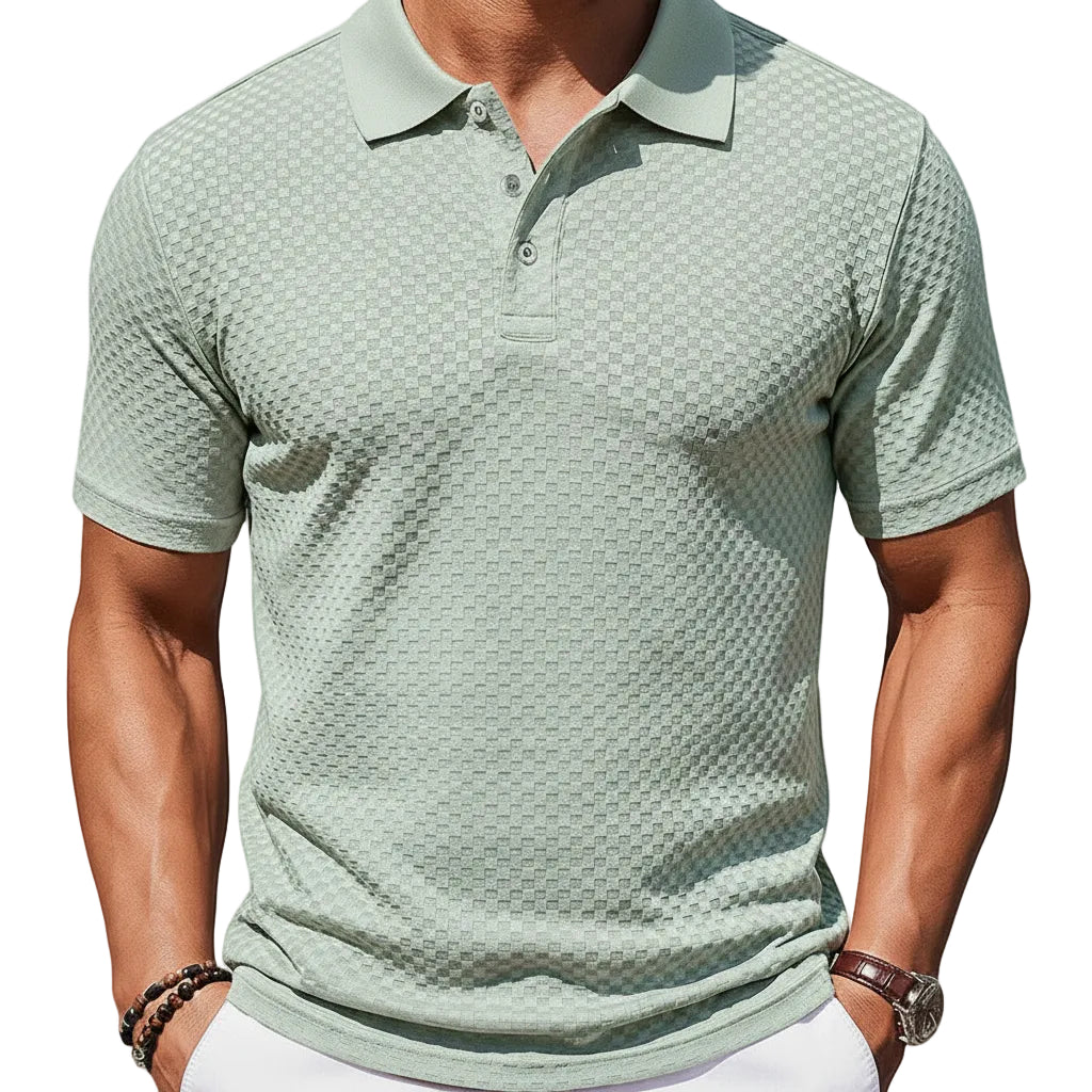 Herren kariertes Kurzarm T-Shirt mit Kragen in Khaki Vorderansicht